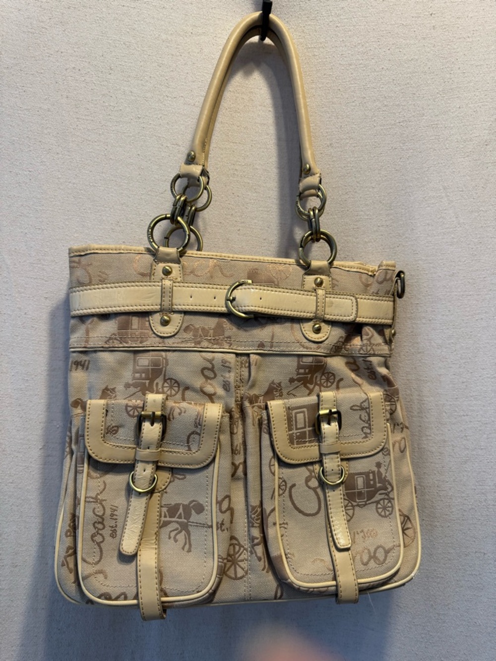 Coach Horse Carriage Jacquard Pocket Tote Cream Y2K